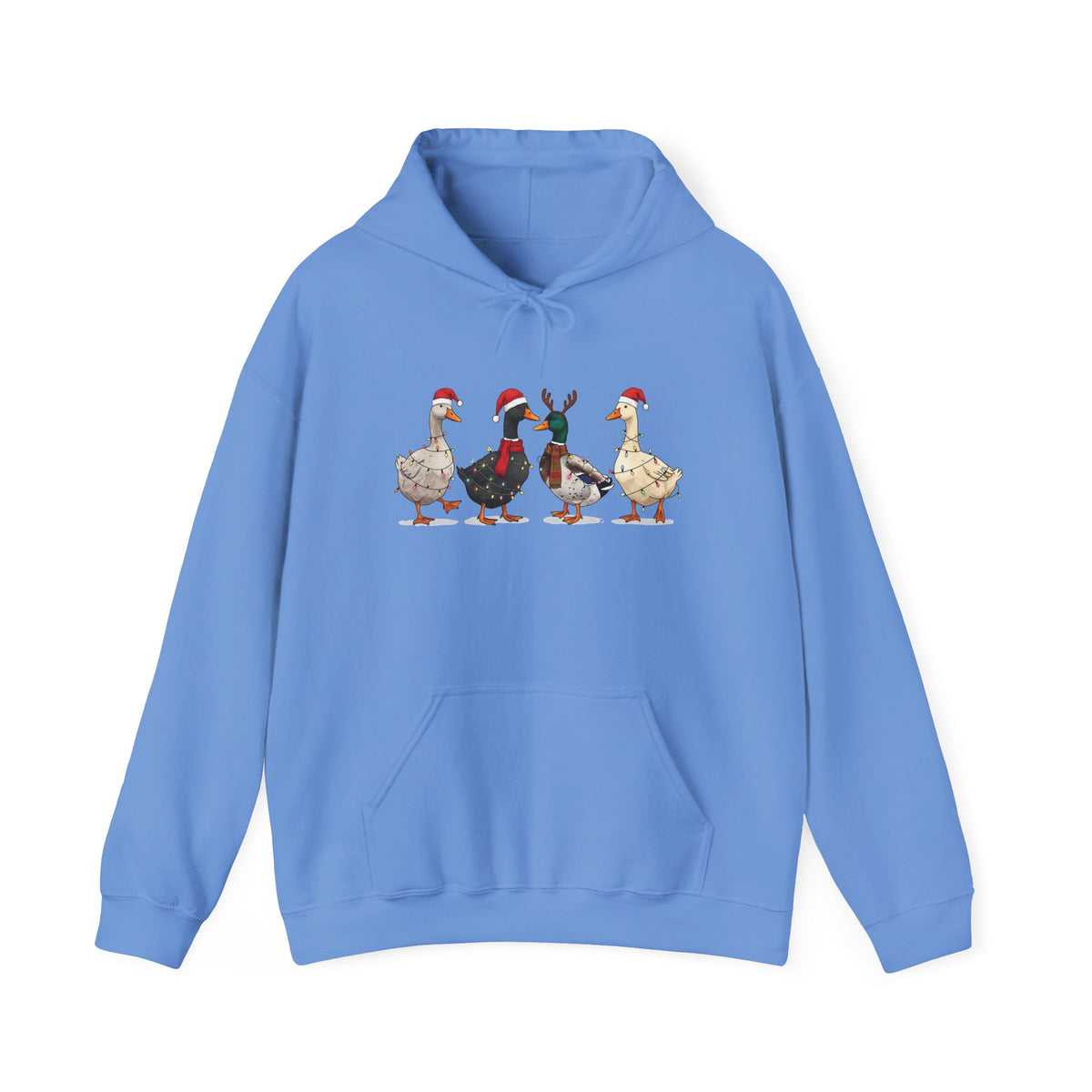 Carolina Blue Christmas Geese hoodie with four geese in Santa hats and Christmas lights, front view