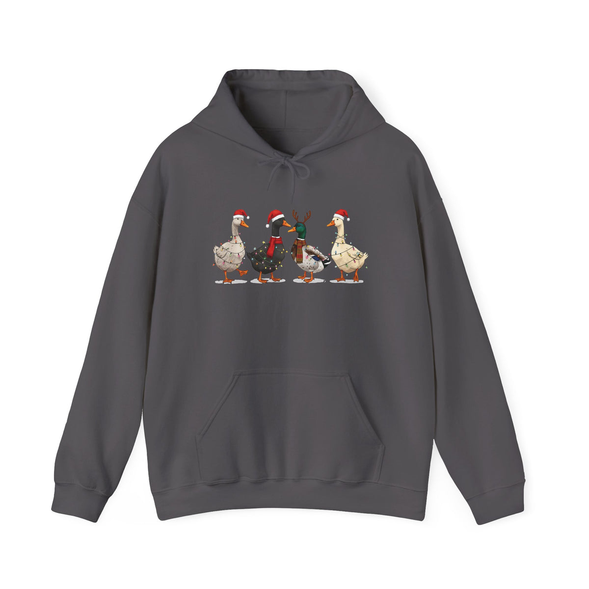 Charcoal Christmas Geese hoodie with four geese in Santa hats and Christmas lights, front view