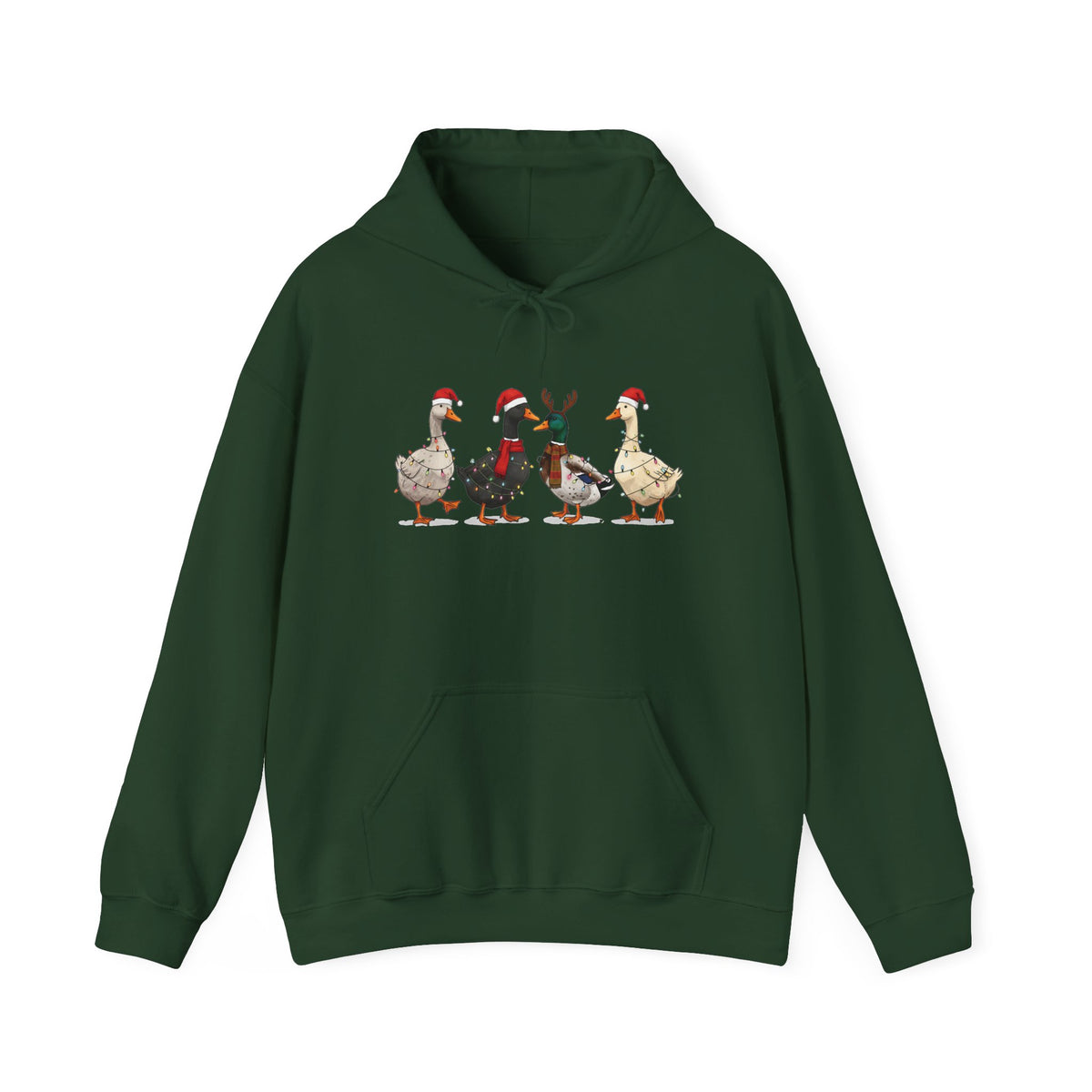 Forest Green Christmas Geese hoodie with four geese in Santa hats and Christmas lights, front view