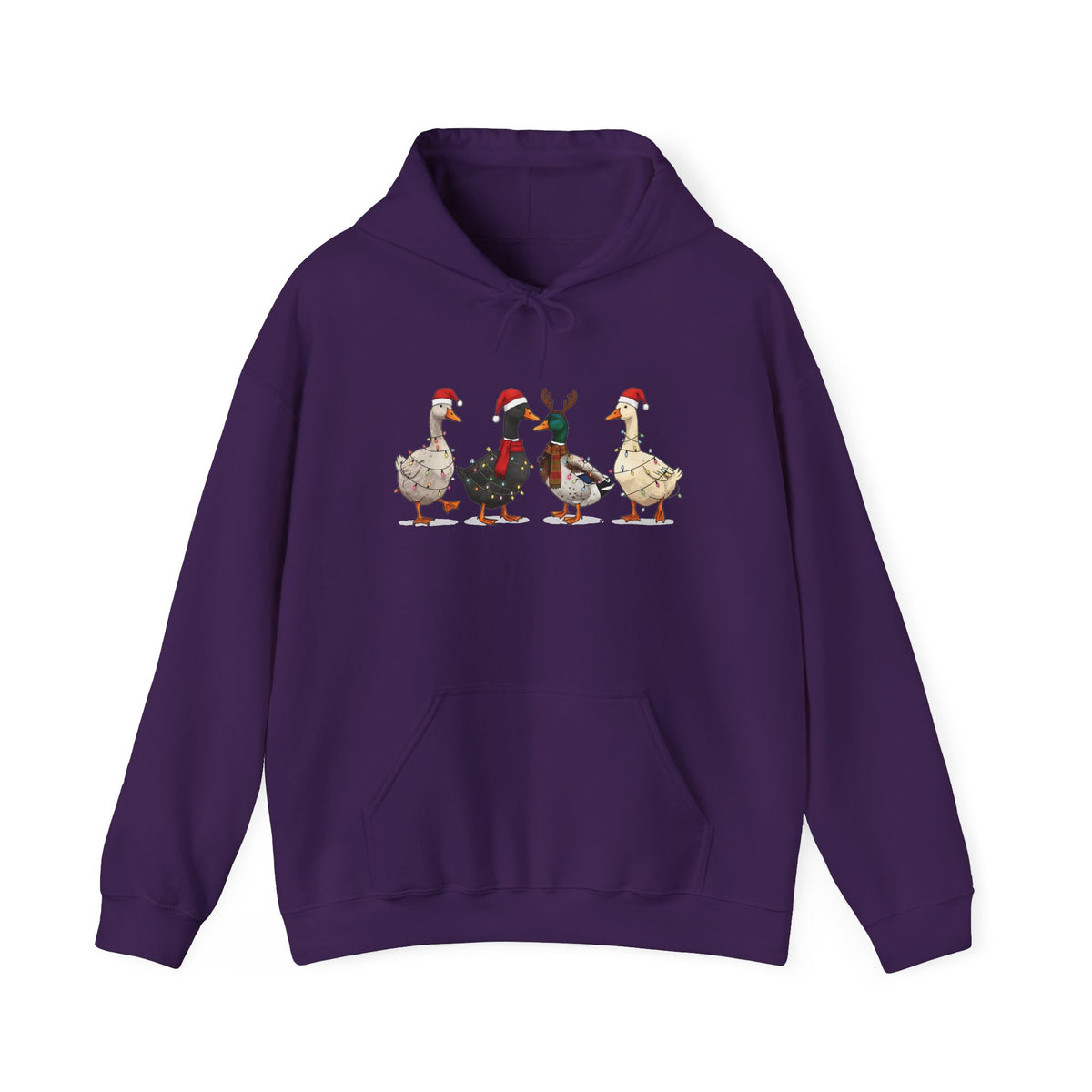 Purple Christmas Geese hoodie with four geese in Santa hats and Christmas lights, front view