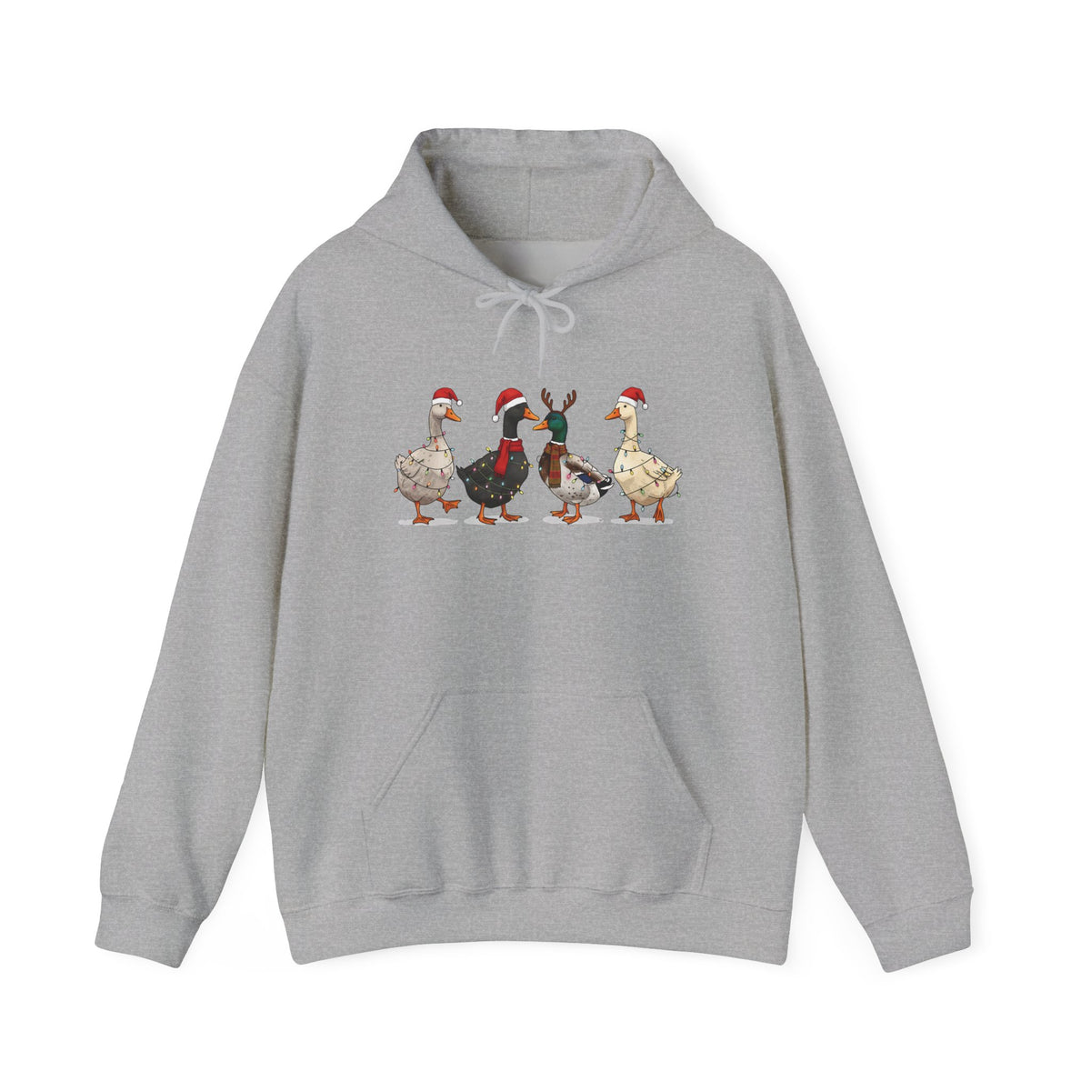 Sport Grey Christmas Geese hoodie with four geese in Santa hats and Christmas lights, front view