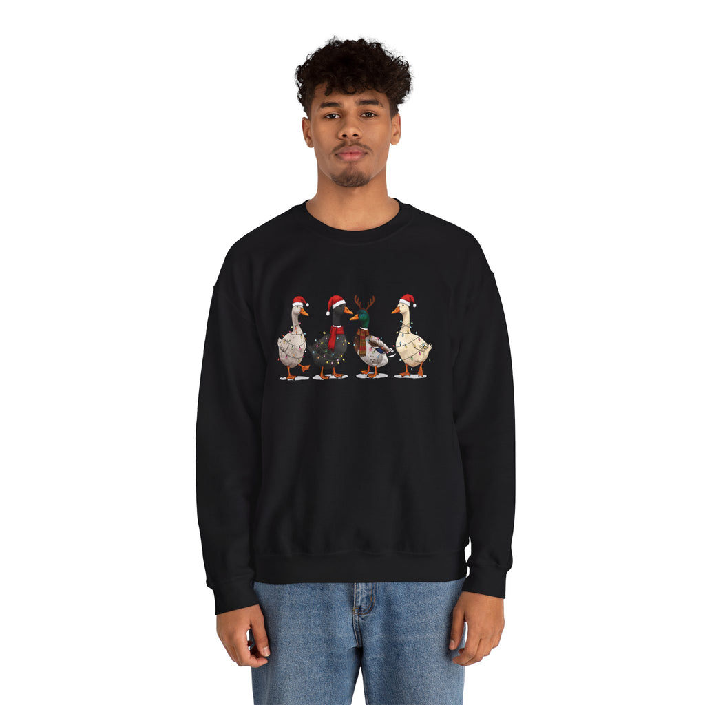 Man wearing the Black Christmas Geese In Santa Hats Sweatshirt