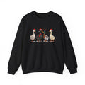 Black Christmas Geese sweatshirt with four geese in Santa hats and Christmas lights, front view