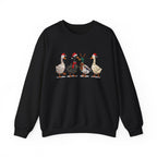 Black Christmas Geese sweatshirt with four geese in Santa hats and Christmas lights, front view