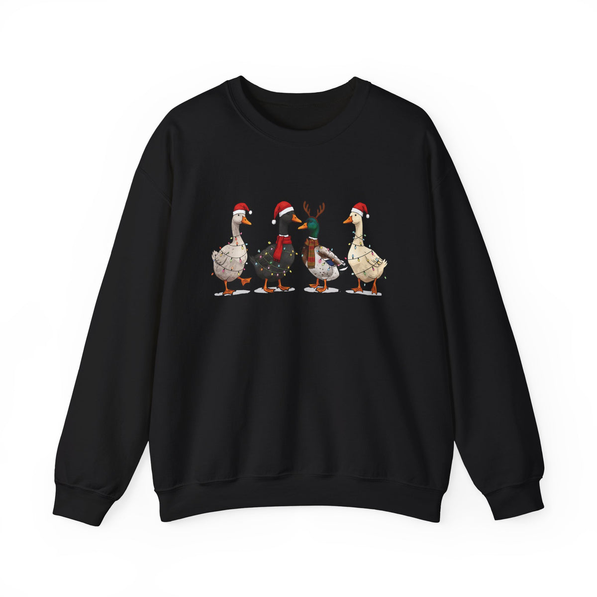 Black Christmas Geese sweatshirt with four geese in Santa hats and Christmas lights, front view