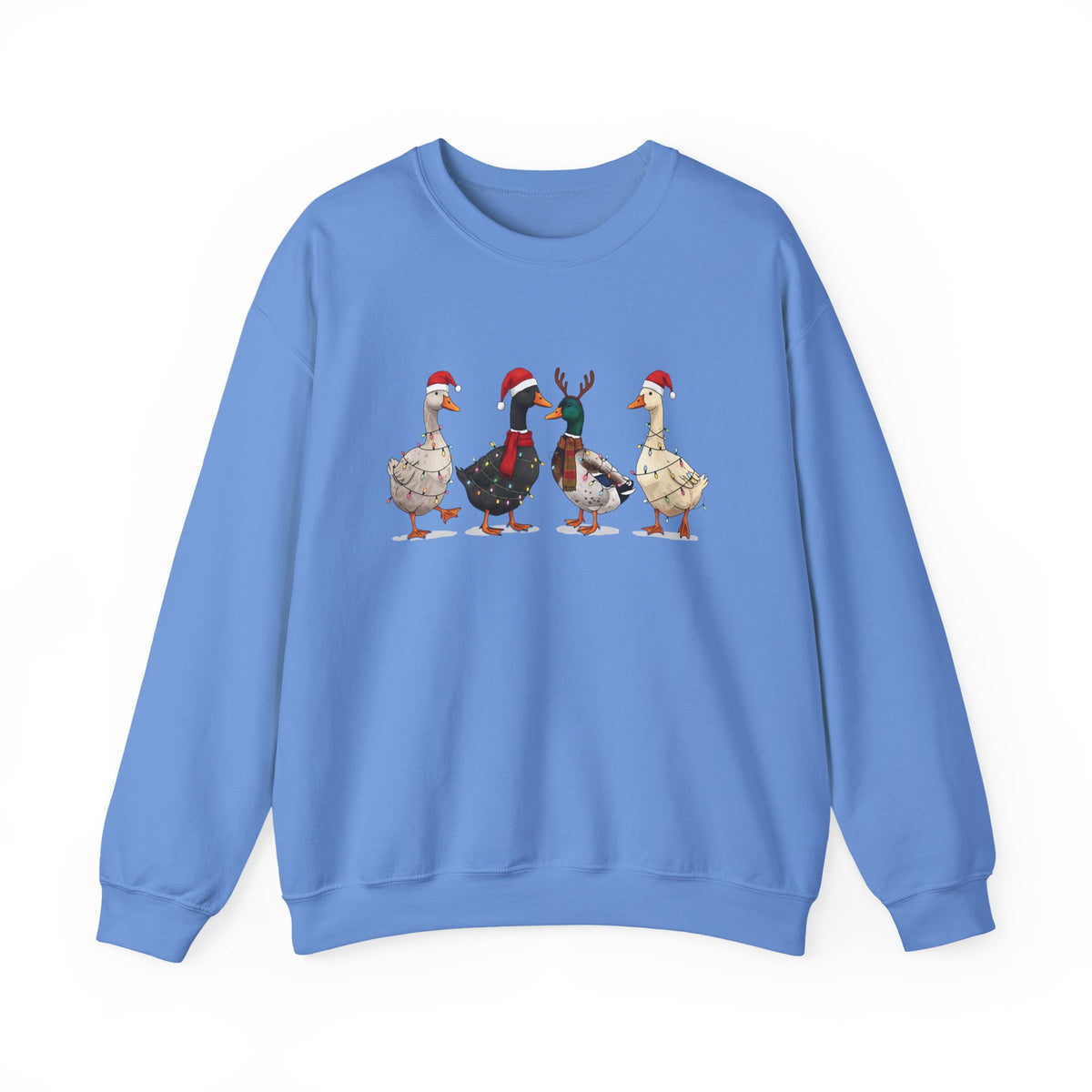 Carolina Blue Christmas Geese sweatshirt with four geese in Santa hats and Christmas lights, front view