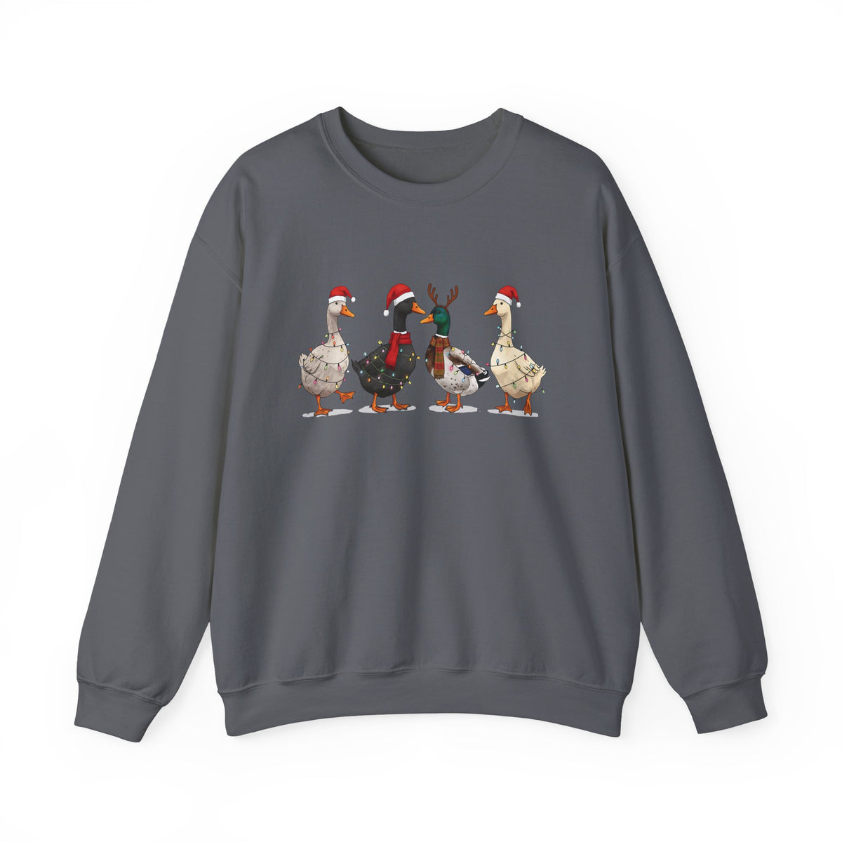 Charcoal Christmas Geese sweatshirt with four geese in Santa hats and Christmas lights, front view