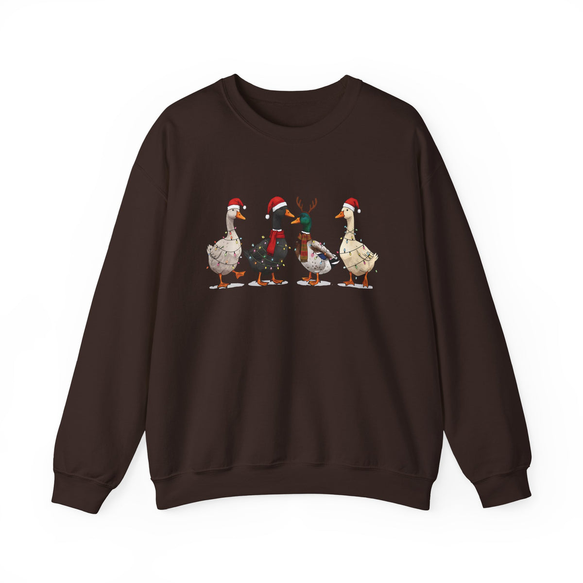 Dark Chocolate Christmas Geese sweatshirt with four geese in Santa hats and Christmas lights, front view