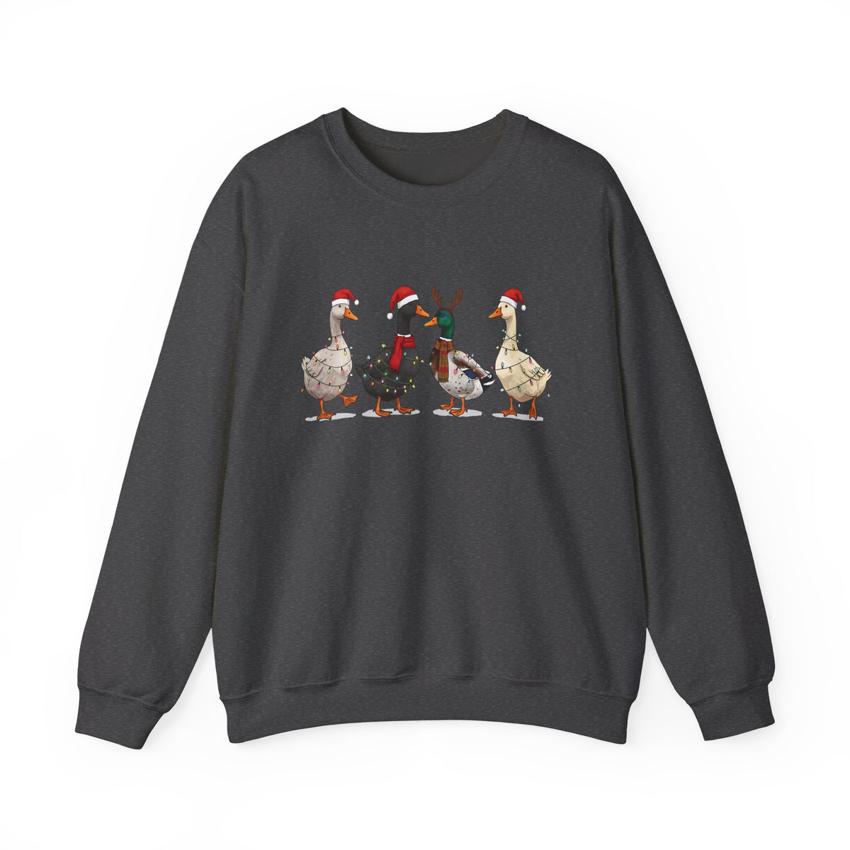 Dark Heather Christmas Geese sweatshirt with four geese in Santa hats and Christmas lights, front view