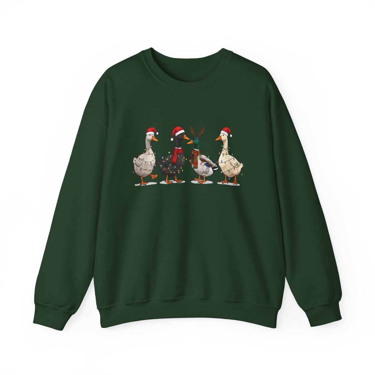 Forest Green Christmas Geese sweatshirt with four geese in Santa hats and Christmas lights, front view