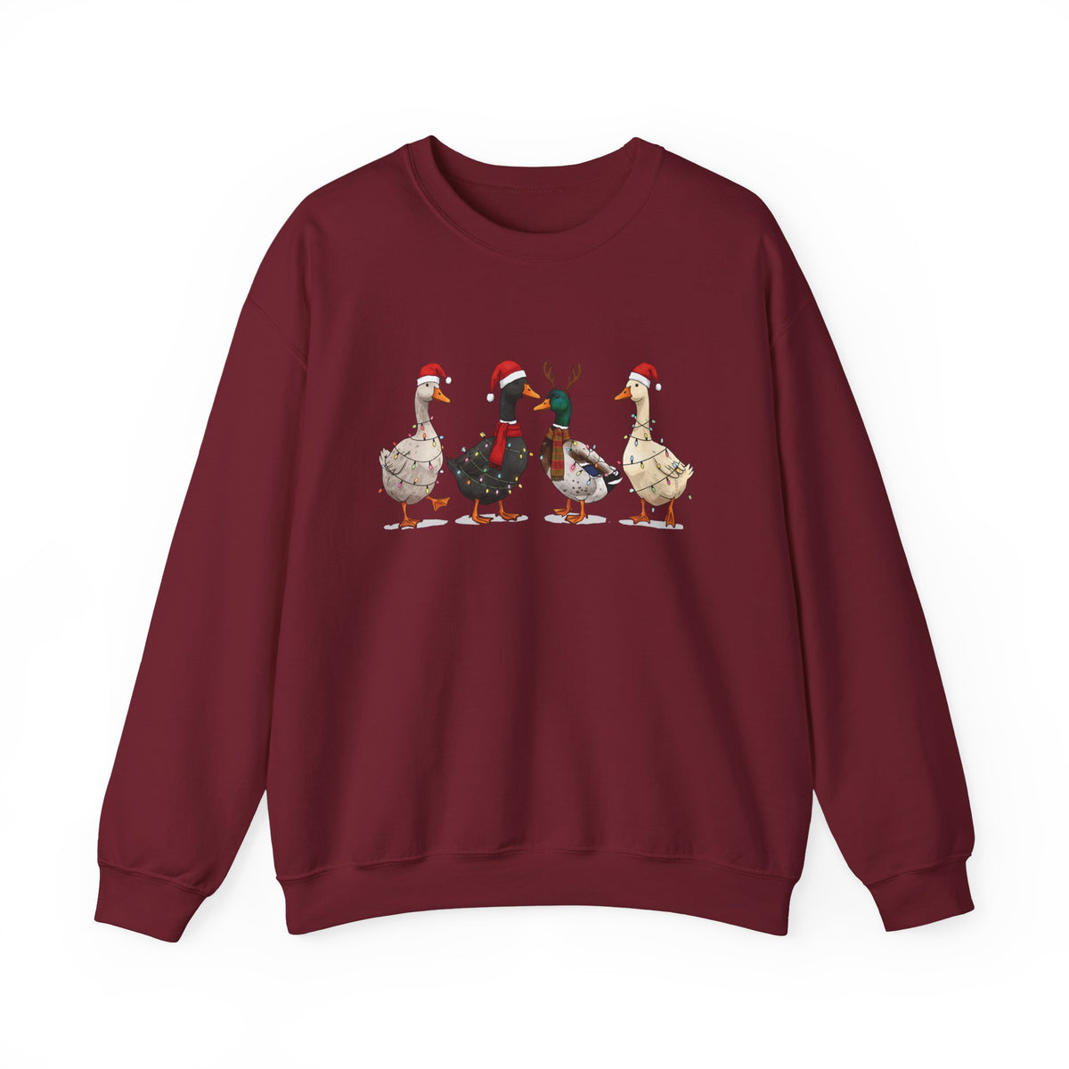 Garnet Christmas Geese sweatshirt with four geese in Santa hats and Christmas lights, front view