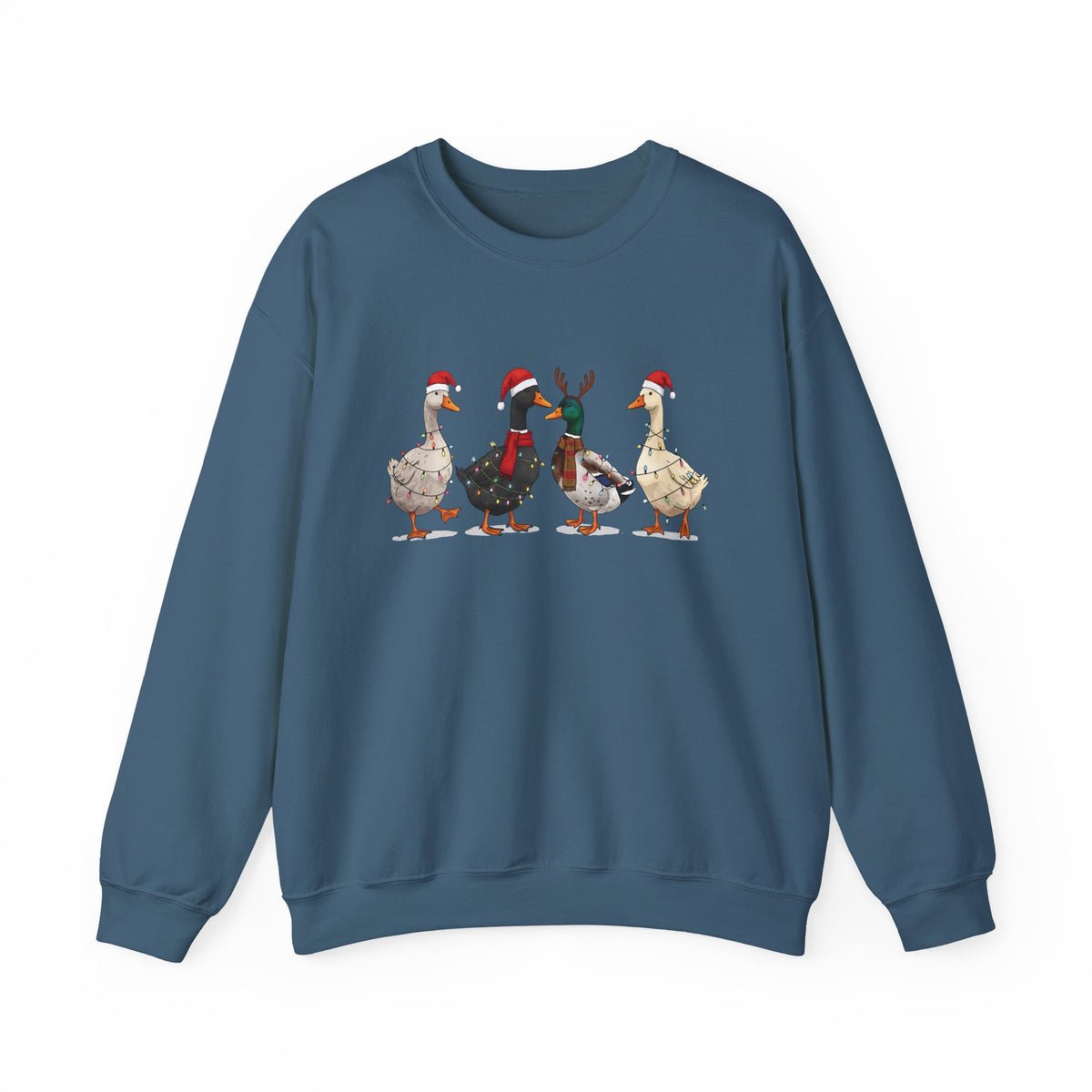 Indigo Blue Christmas Geese sweatshirt with four geese in Santa hats and Christmas lights, front view