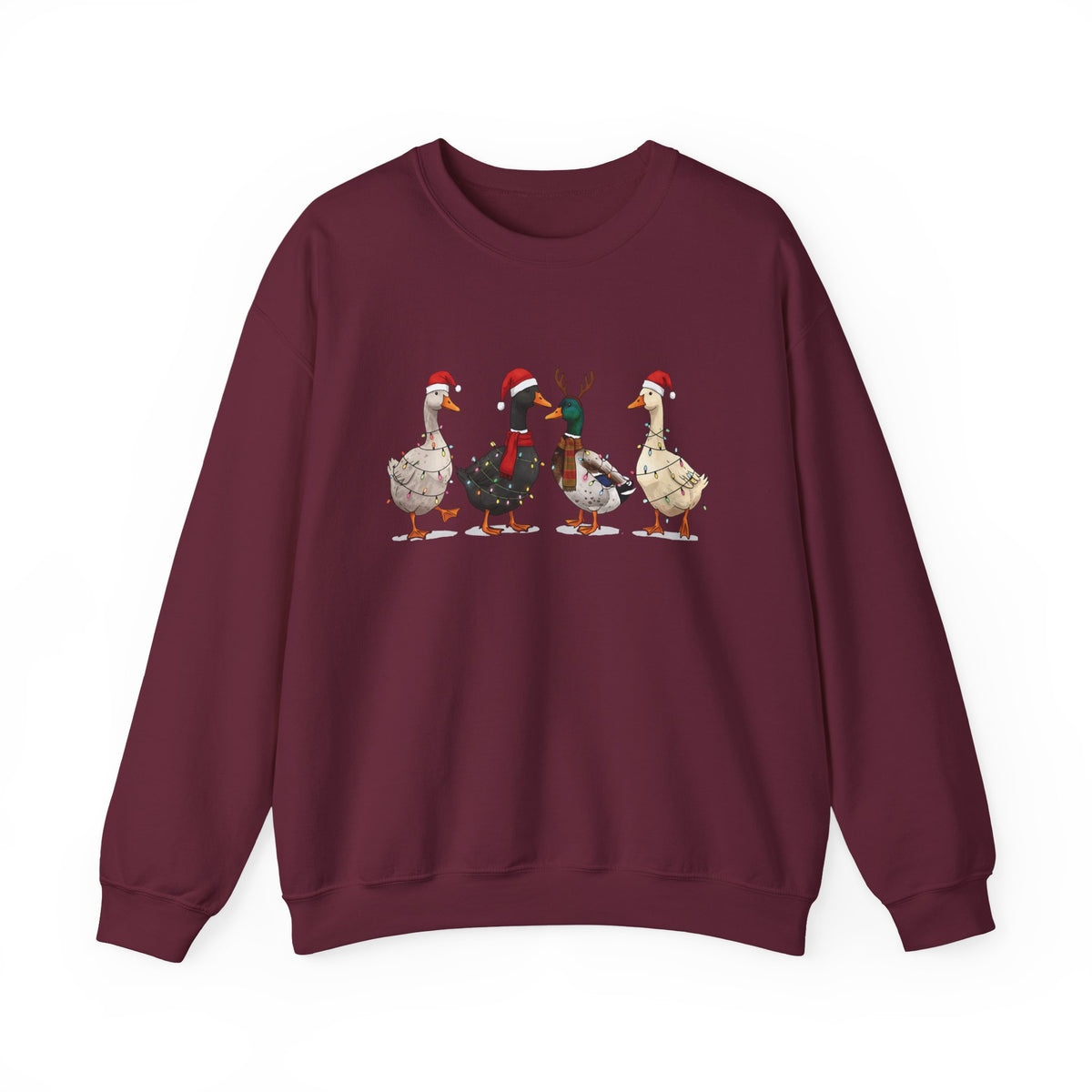 Maroon Christmas Geese sweatshirt with four geese in Santa hats and Christmas lights, front view