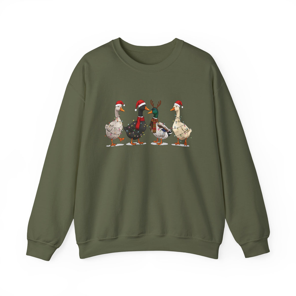 Military Green Christmas Geese sweatshirt with four geese in Santa hats and Christmas lights, front view