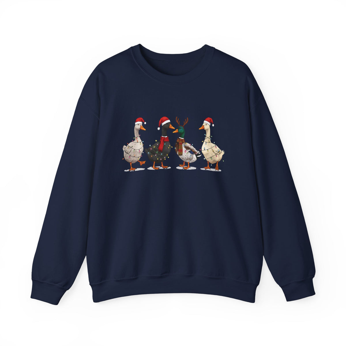 Navy Christmas Geese sweatshirt with four geese in Santa hats and Christmas lights, front view