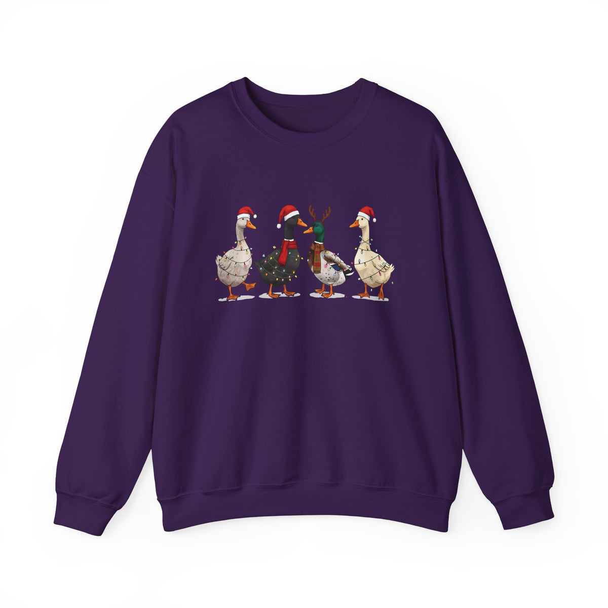 Purple Christmas Geese sweatshirt with four geese in Santa hats and Christmas lights, front view