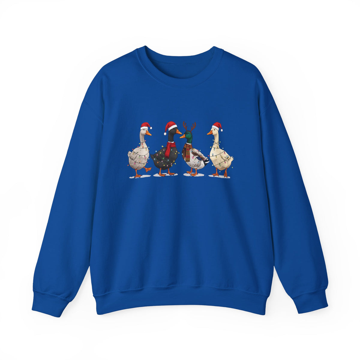 Royal Christmas Geese sweatshirt with four geese in Santa hats and Christmas lights, front view