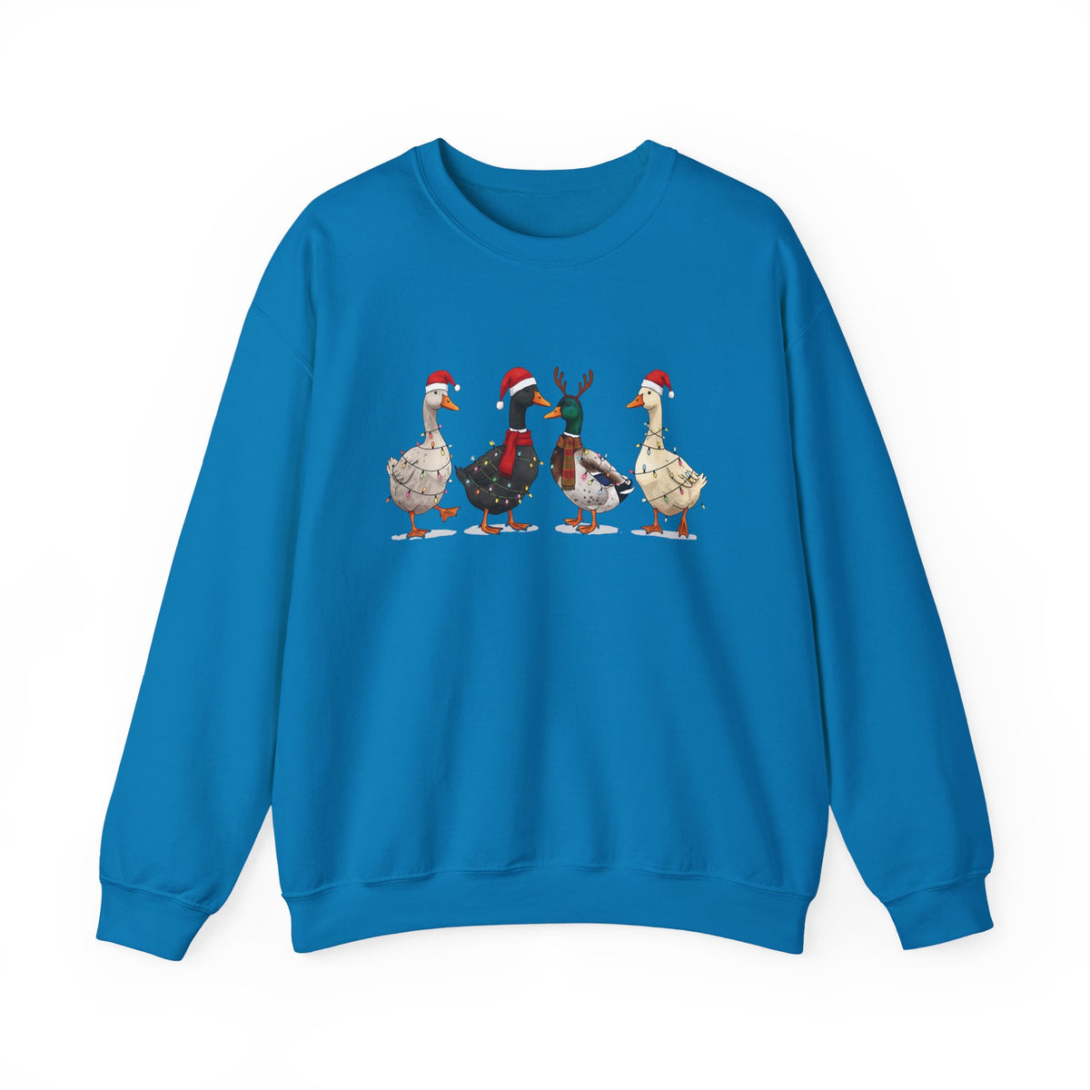 Sapphire Christmas Geese sweatshirt with four geese in Santa hats and Christmas lights, front view