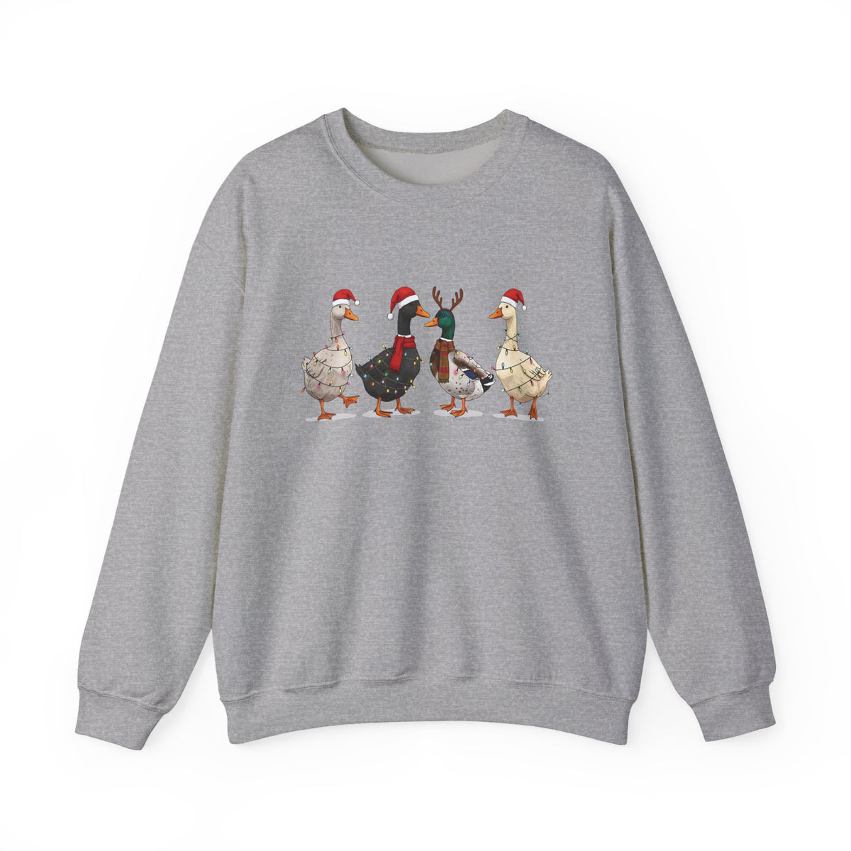 Sport Grey Christmas Geese sweatshirt with four geese in Santa hats and Christmas lights, front view
