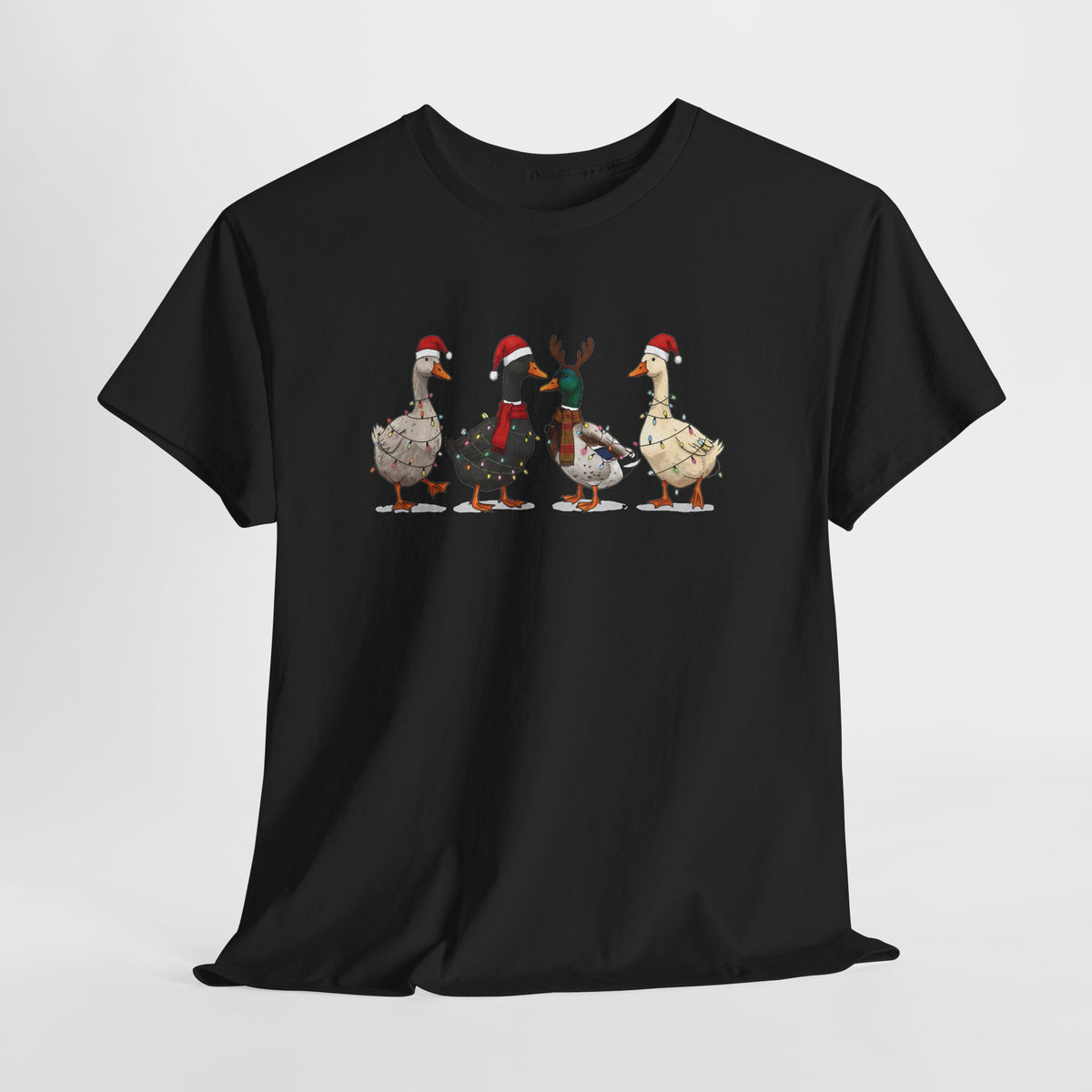 Christmas Geese In Santa Hats T-Shirt, flat lay