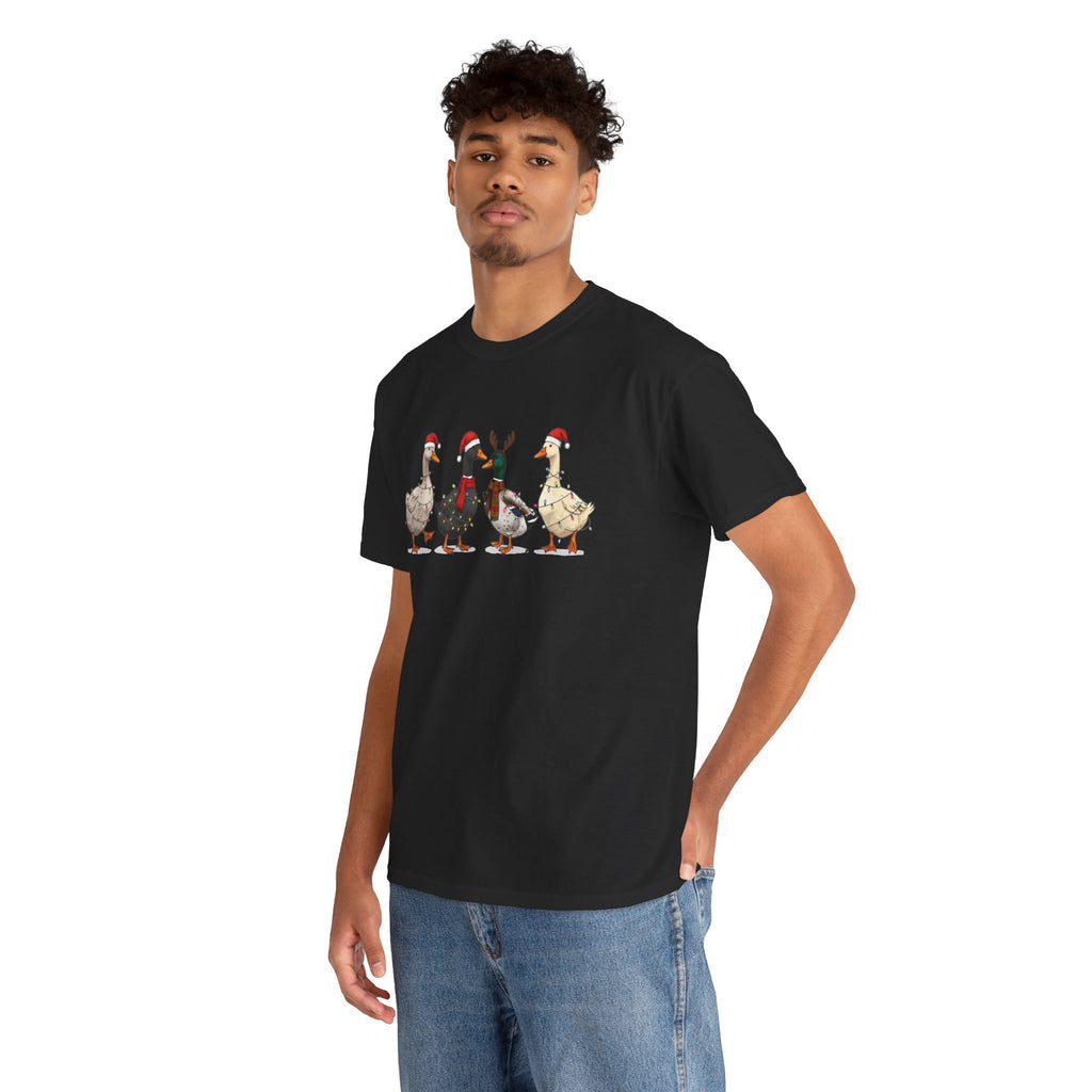 Man wearing the Black Christmas Geese In Santa Hats T-Shirt