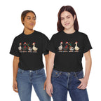 Two women wearing the Black Christmas Geese In Santa Hats T-Shirt