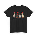 Black Christmas Geese t-shirt with four geese in Santa hats and Christmas lights, front view