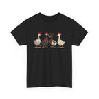Black Christmas Geese t-shirt with four geese in Santa hats and Christmas lights, front view