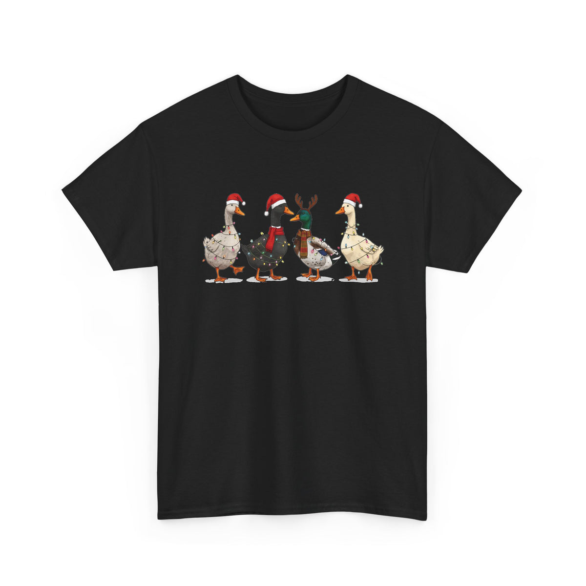 Black Christmas Geese t-shirt with four geese in Santa hats and Christmas lights, front view