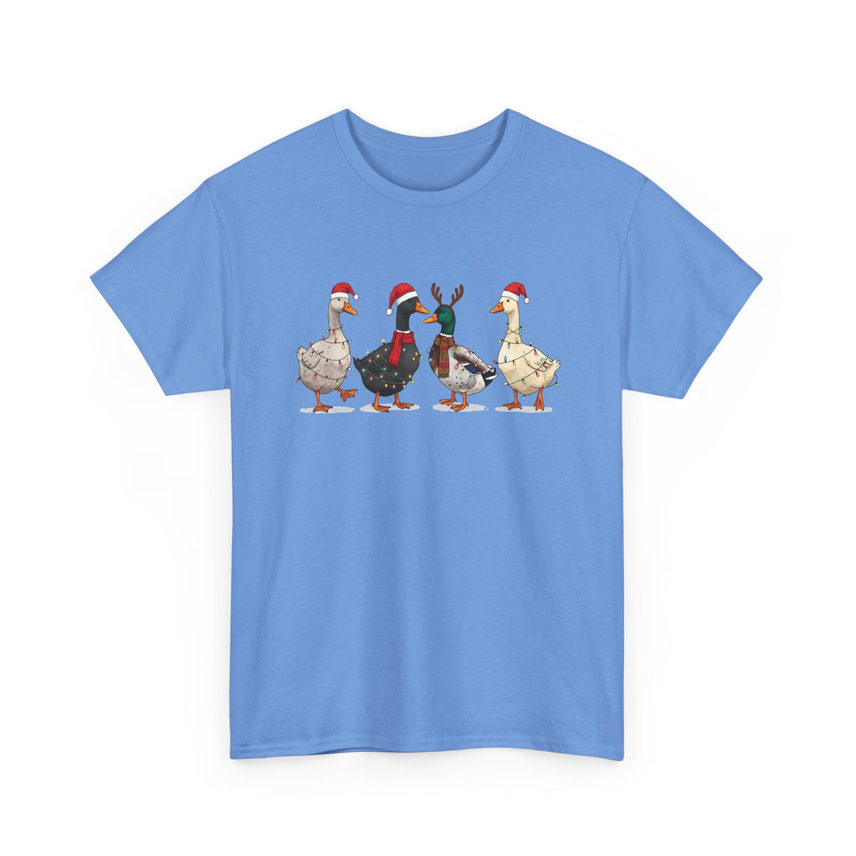 Carolina Blue Christmas Geese t-shirt with four geese in Santa hats and Christmas lights, front view