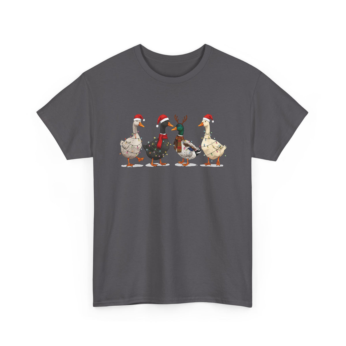 Charcoal Christmas Geese t-shirt with four geese in Santa hats and Christmas lights, front view