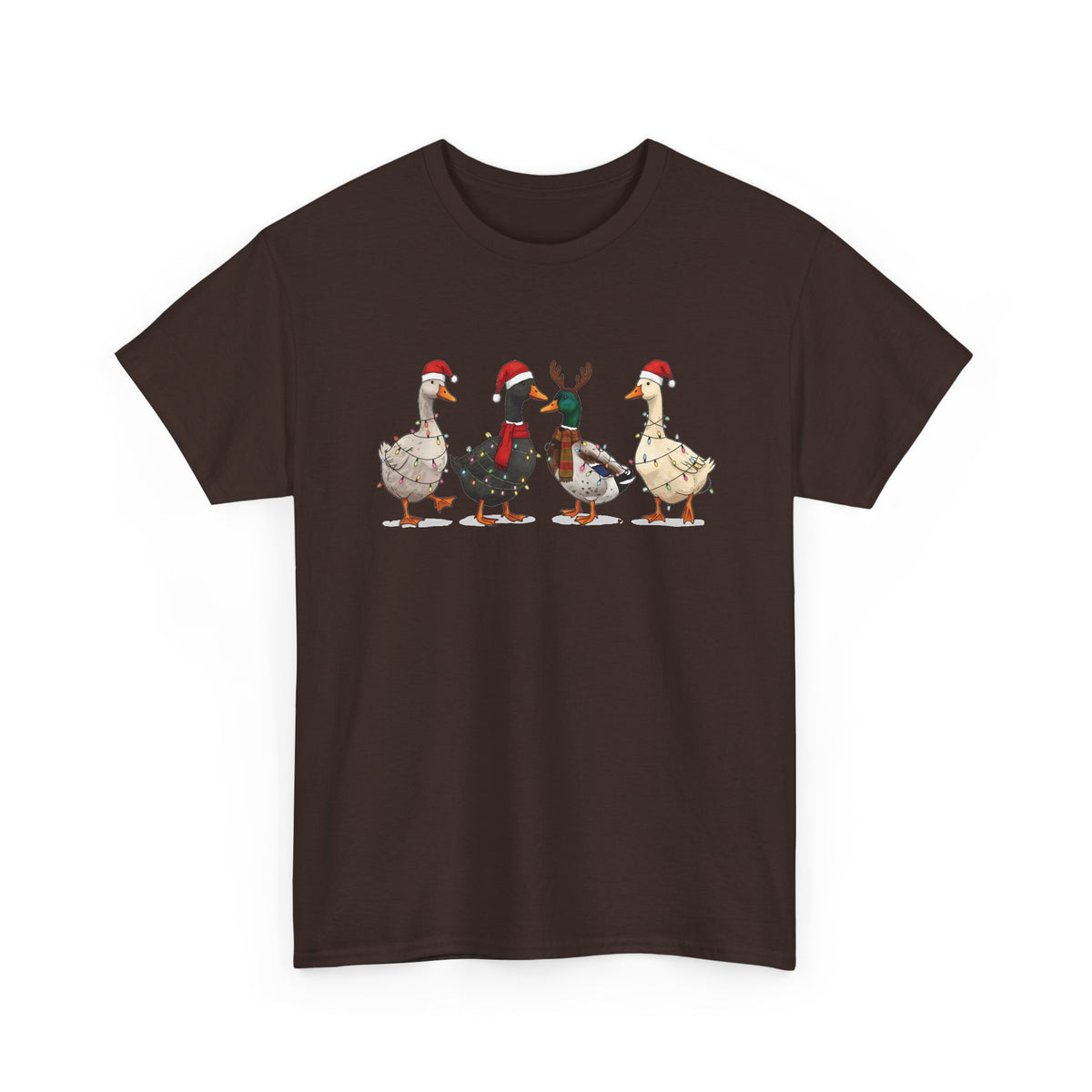 Dark Chocolate Christmas Geese t-shirt with four geese in Santa hats and Christmas lights, front view
