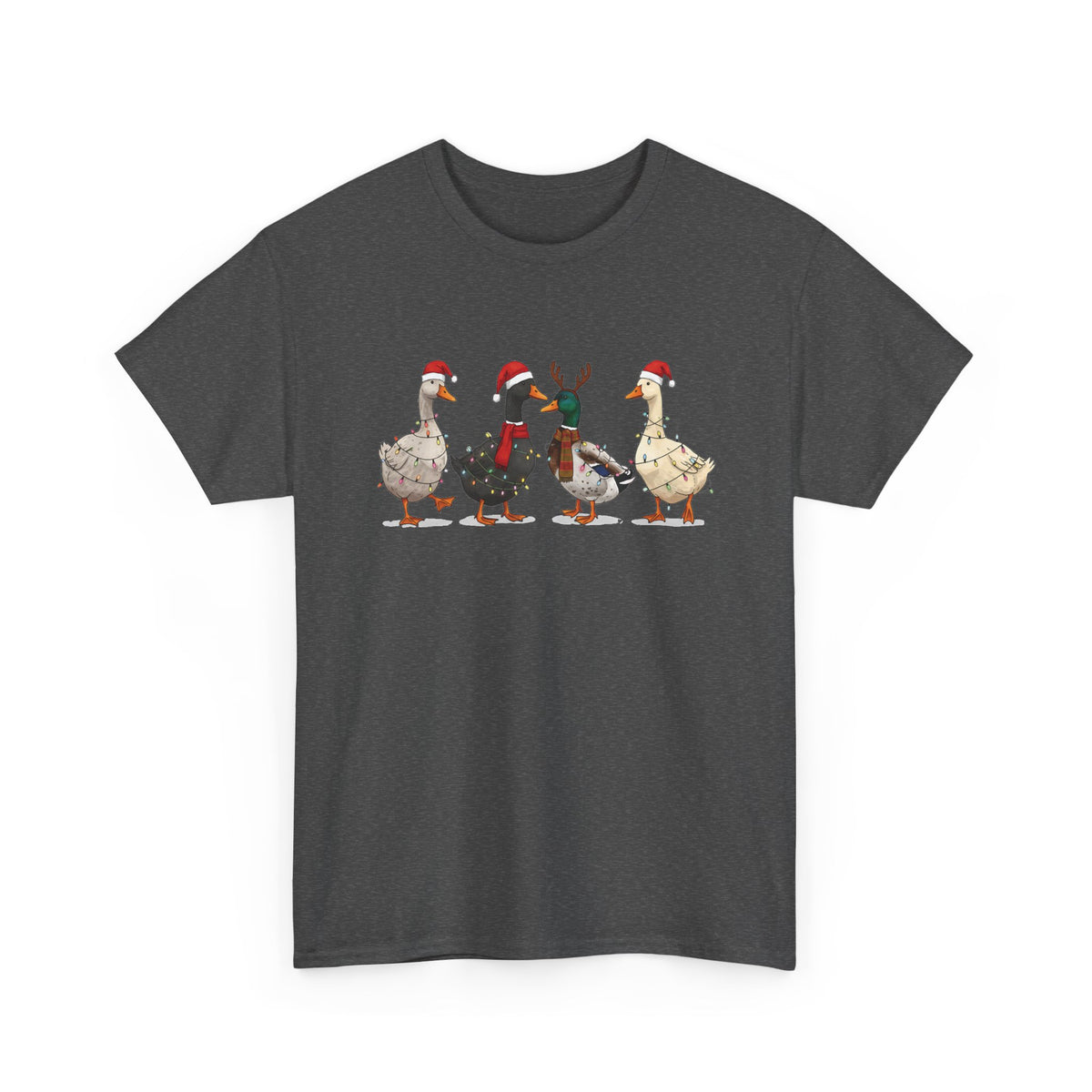 Dark Heather Christmas Geese t-shirt with four geese in Santa hats and Christmas lights, front view
