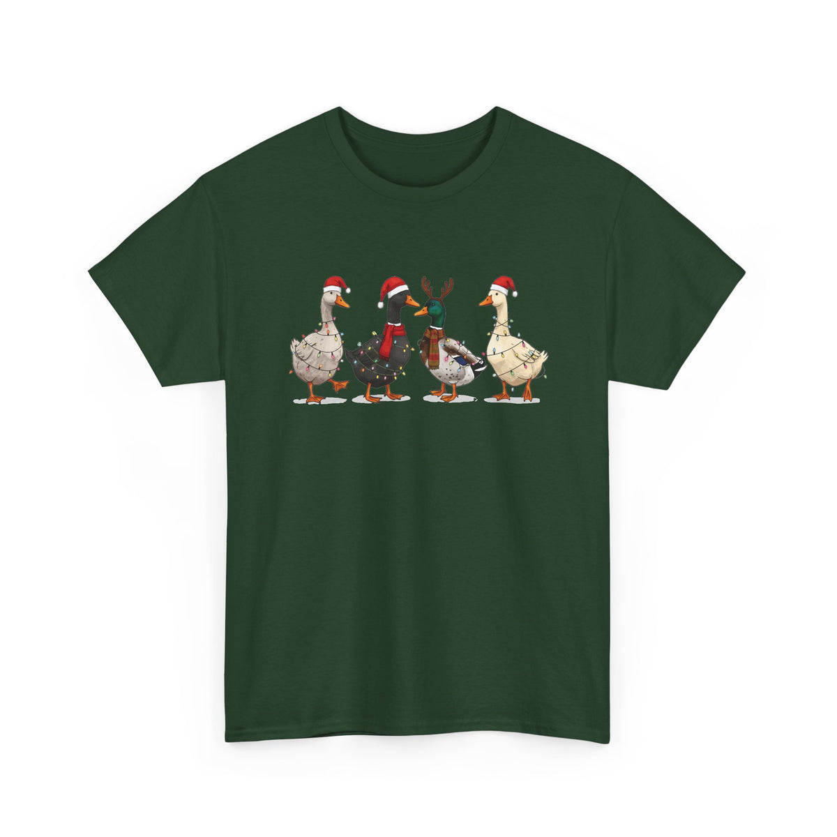 Forest Green Christmas Geese t-shirt with four geese in Santa hats and Christmas lights, front view
