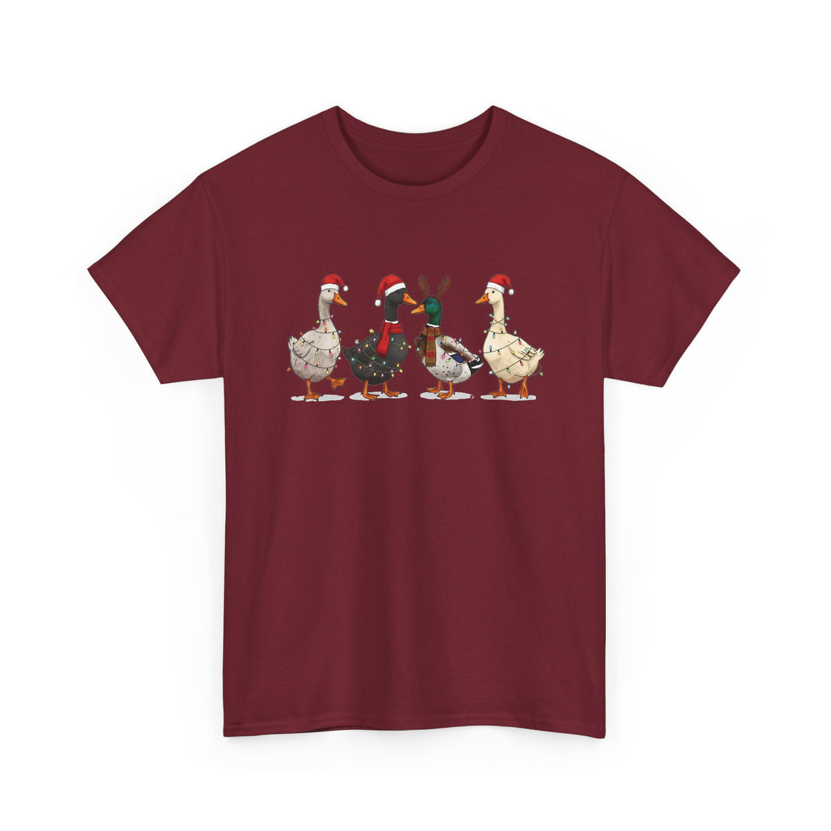 Garnet Christmas Geese t-shirt with four geese in Santa hats and Christmas lights, front view