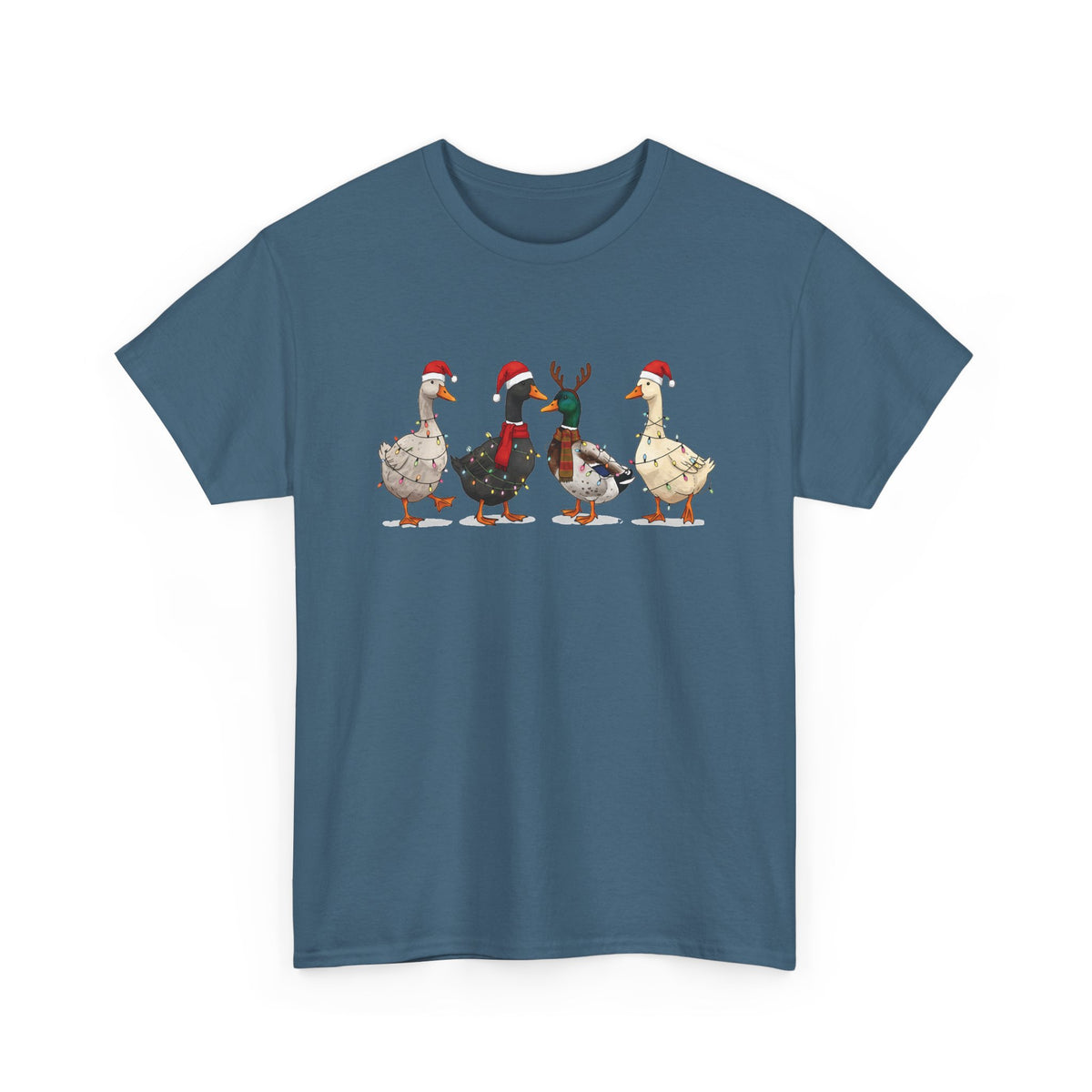 Indigo Blue Christmas Geese t-shirt with four geese in Santa hats and Christmas lights, front view