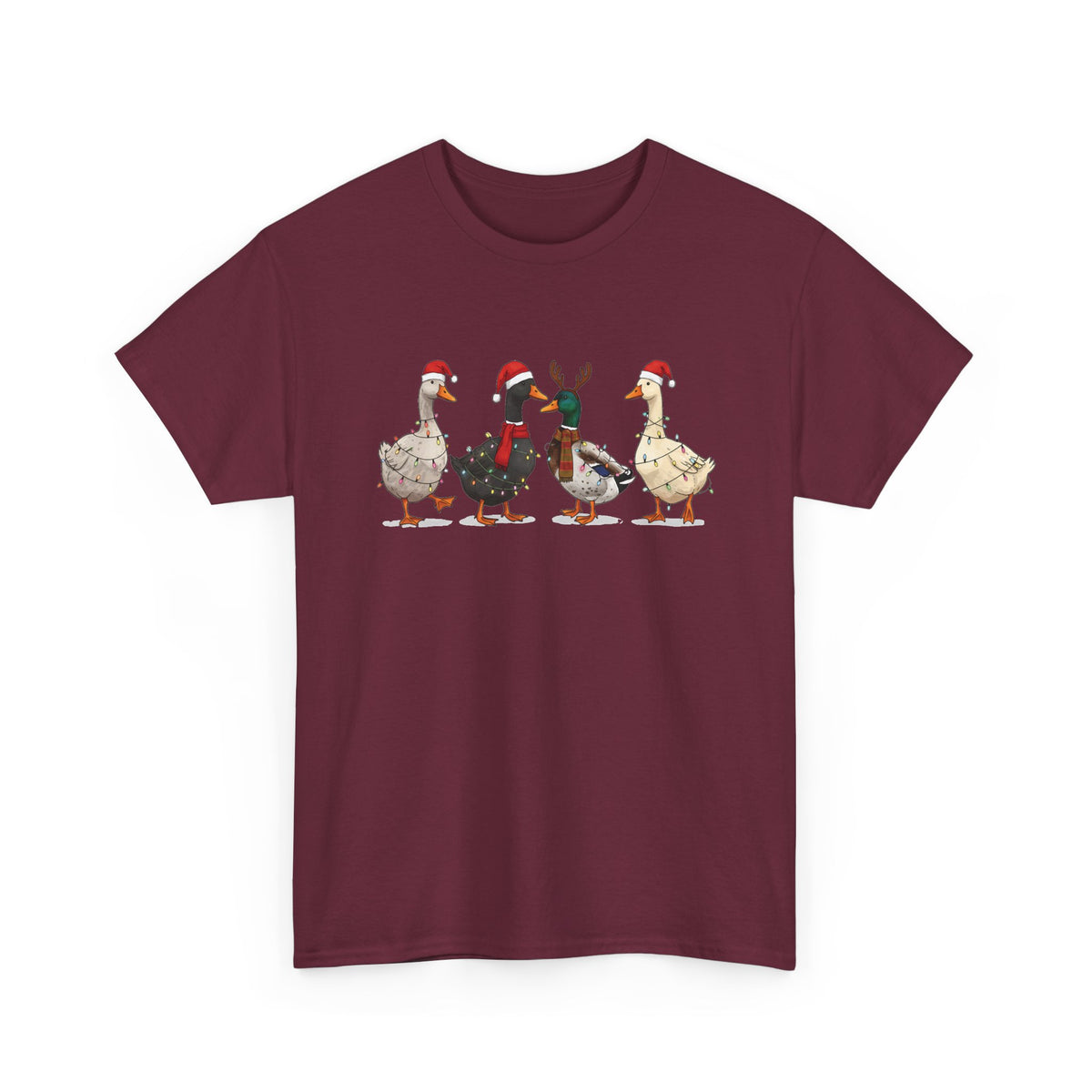 Maroon Christmas Geese t-shirt with four geese in Santa hats and Christmas lights, front view