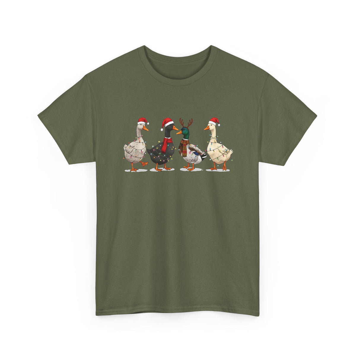 Military Green Christmas Geese t-shirt with four geese in Santa hats and Christmas lights, front view
