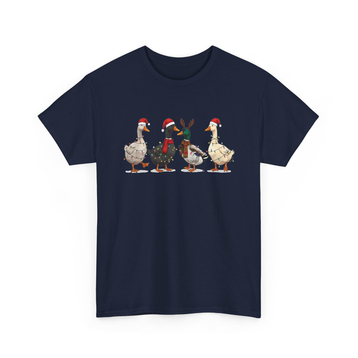 Navy Christmas Geese t-shirt with four geese in Santa hats and Christmas lights, front view