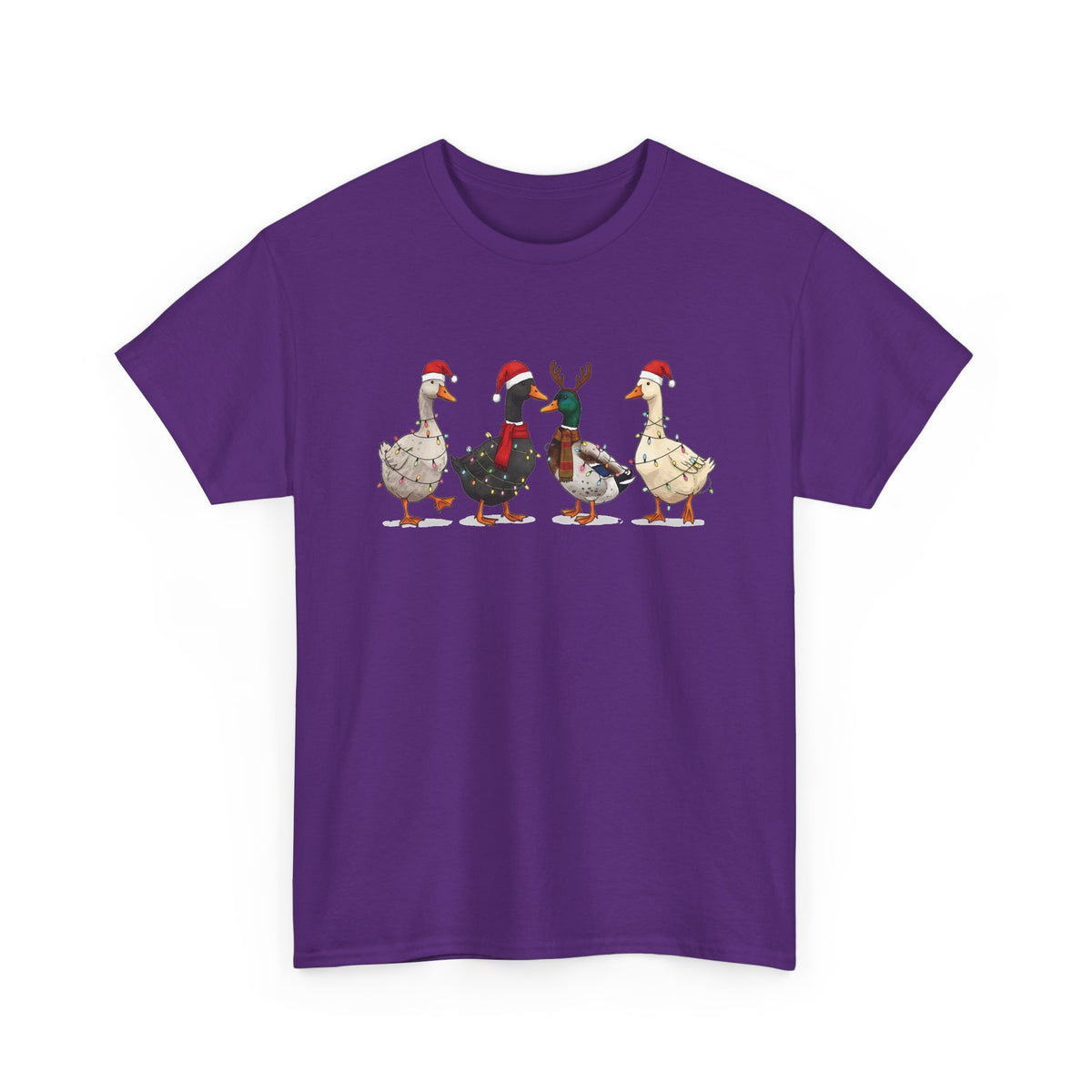 Purple Christmas Geese t-shirt with four geese in Santa hats and Christmas lights, front view