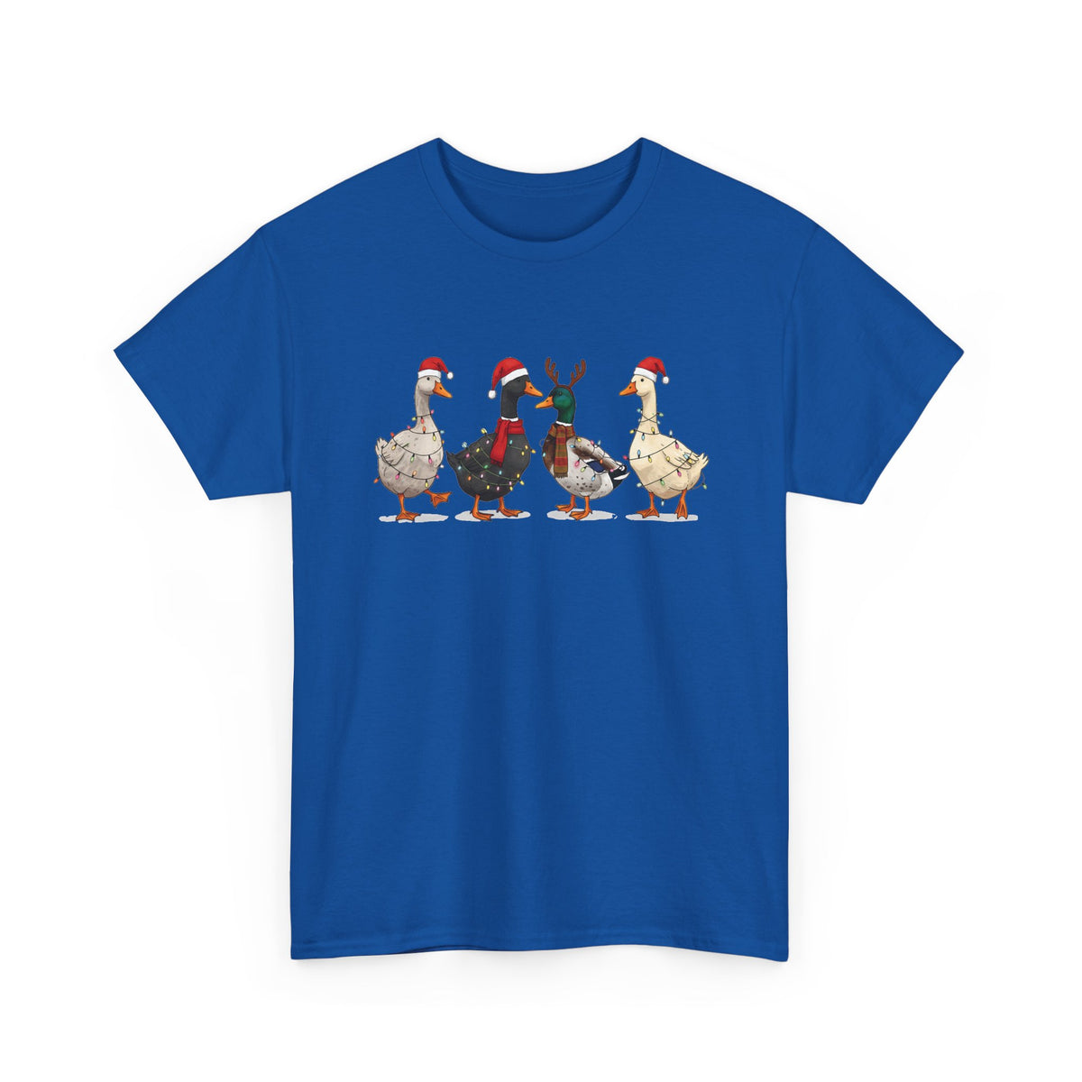 Royal Christmas Geese t-shirt with four geese in Santa hats and Christmas lights, front view