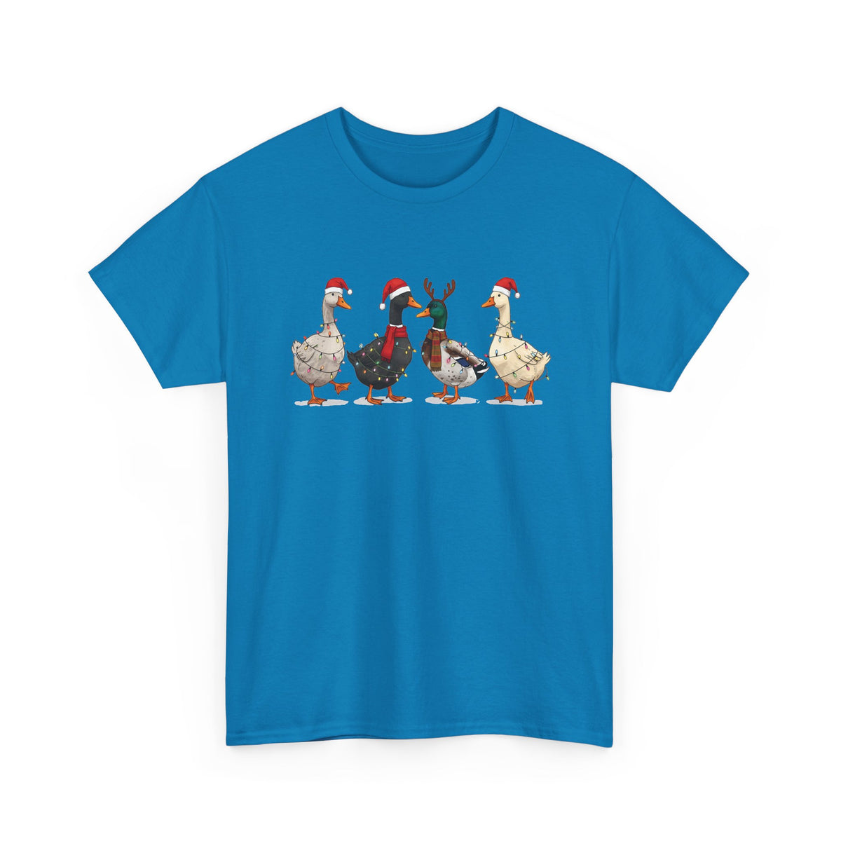 Sapphire Christmas Geese t-shirt with four geese in Santa hats and Christmas lights, front view