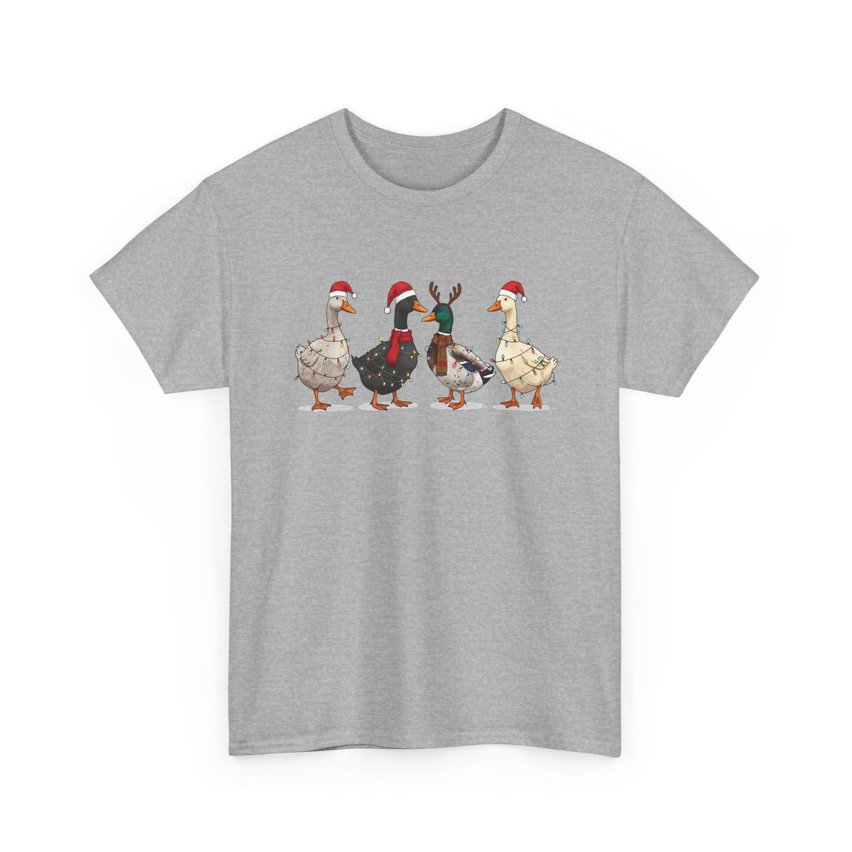 Sport Grey Christmas Geese t-shirt with four geese in Santa hats and Christmas lights, front view
