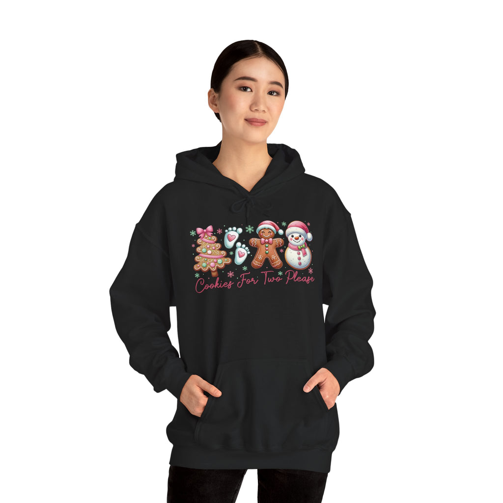 Model wearing the black Cookies For Two Please Christmas Hoodie
