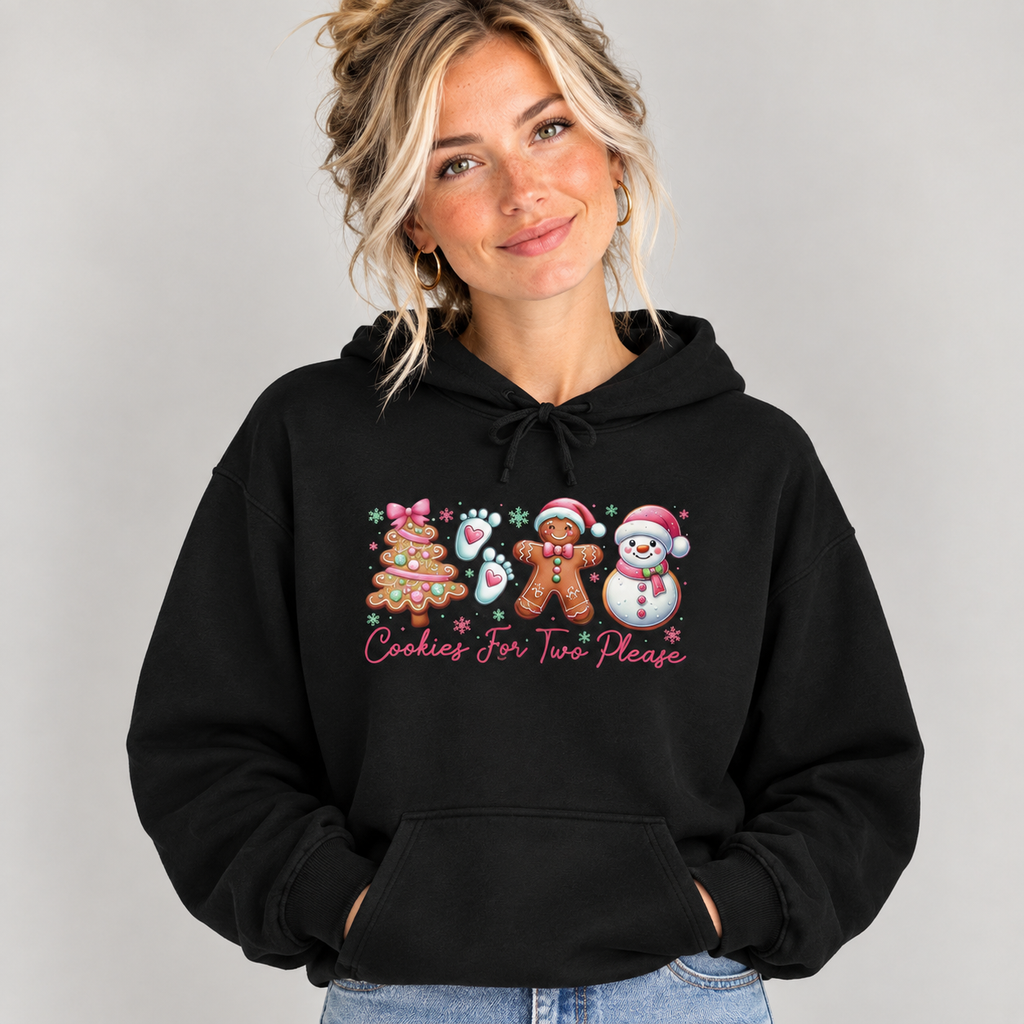 Woman wearing the Black Cookies For Two Please Christmas Hoodie with jeans