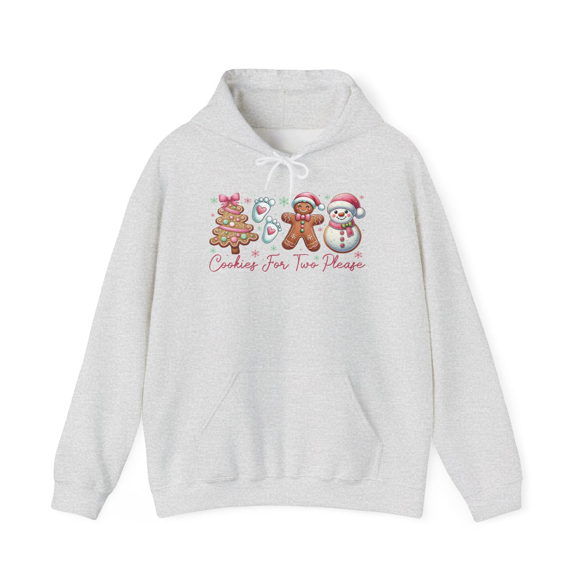 Ash Cookies For Two Please Christmas hoodie with gingerbread and snowman cookies in pink frosting, front view