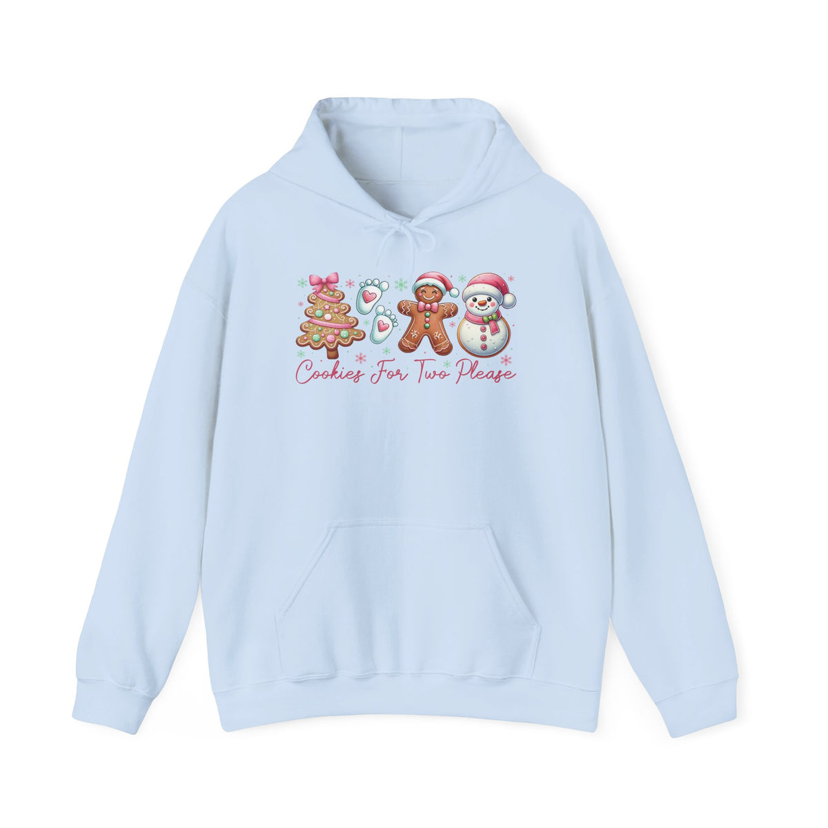 Light Blue Cookies For Two Please Christmas hoodie with gingerbread and snowman cookies in pink frosting, front view