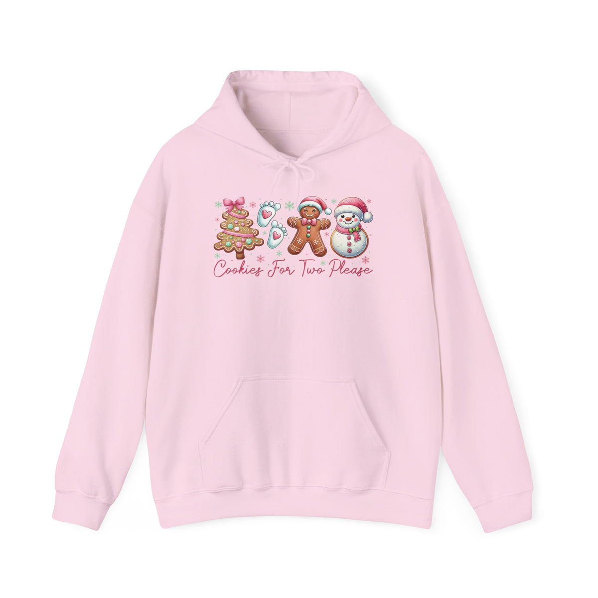 Light Pink Cookies For Two Please Christmas hoodie with gingerbread and snowman cookies in pink frosting, front view