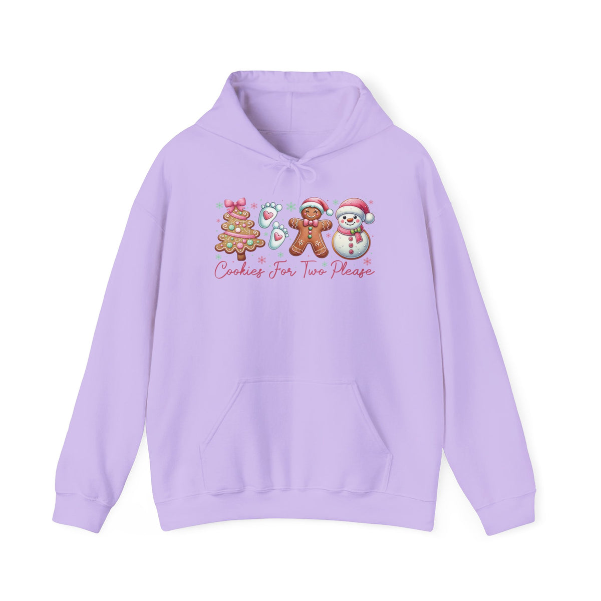 Orchid Cookies For Two Please Christmas hoodie with gingerbread and snowman cookies in pink frosting, front view