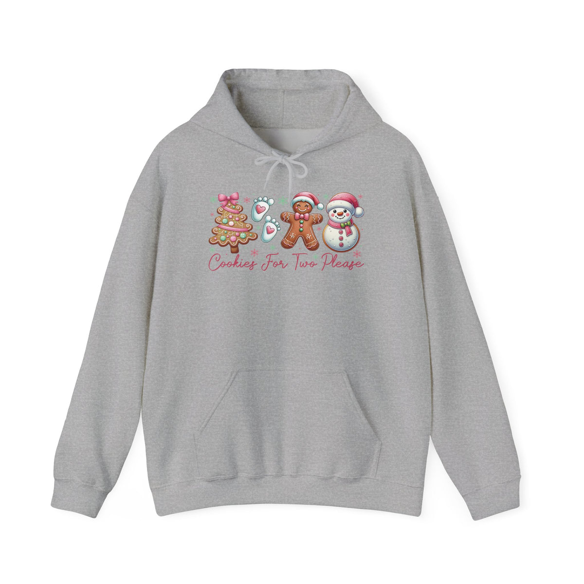 Sport Grey Cookies For Two Please Christmas hoodie with gingerbread and snowman cookies in pink frosting, front view